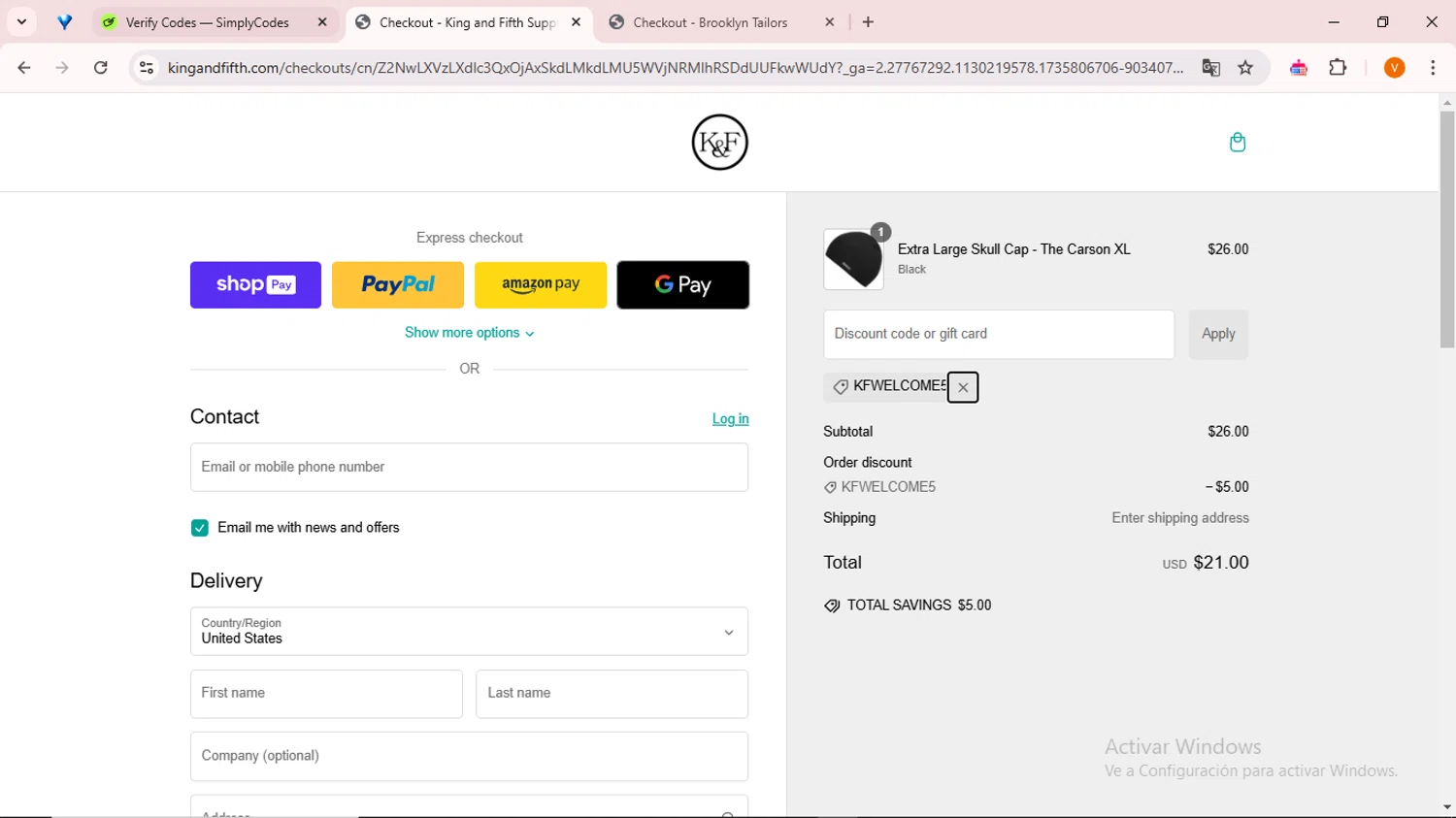 King and Fifth Supply Co. promo code screenshot showing code KFWELCOME5 applied at King and Fifth Supply Co. checkout page. Uploaded by SimplyCodes community member ExtraordinarySaver9637 on Jan 2, 2025