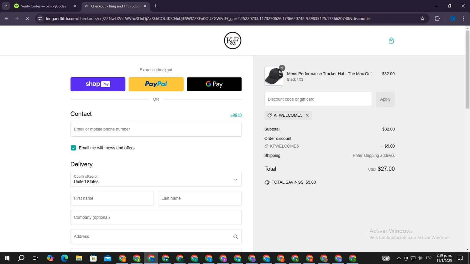 King and Fifth Supply Co. promo code screenshot showing code KFWELCOME5 applied at King and Fifth Supply Co. checkout page. Uploaded by SimplyCodes community member CrownElite7615 on Jan 11, 2025