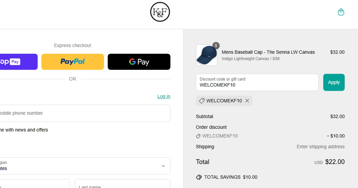 King and Fifth Supply Co. promo code screenshot showing code WELCOMEKF10 applied at King and Fifth Supply Co. checkout page. Uploaded by SimplyCodes community member Jhonny on Jun 3, 2025