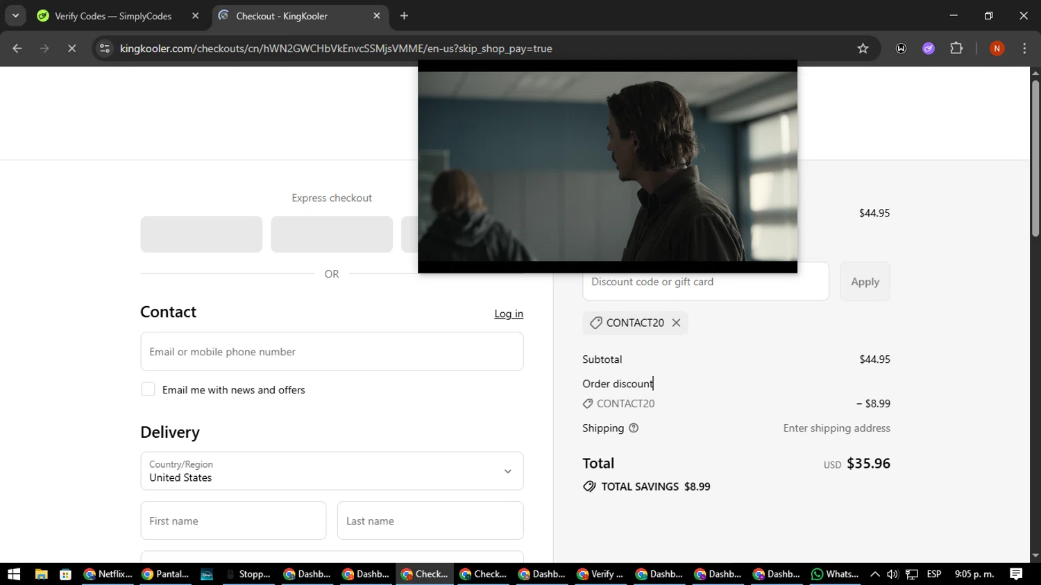 KingKooler promo code screenshot showing code Contact20 applied at KingKooler checkout page. Uploaded by SimplyCodes community member MagnificentScout194 on Aug 27, 2025