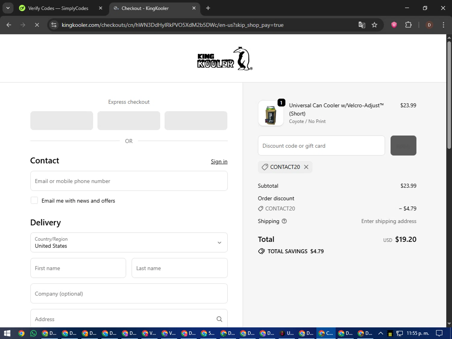 KingKooler promo code screenshot showing code Contact20 applied at KingKooler checkout page. Uploaded by SimplyCodes community member liltecca on Sep 21, 2025
