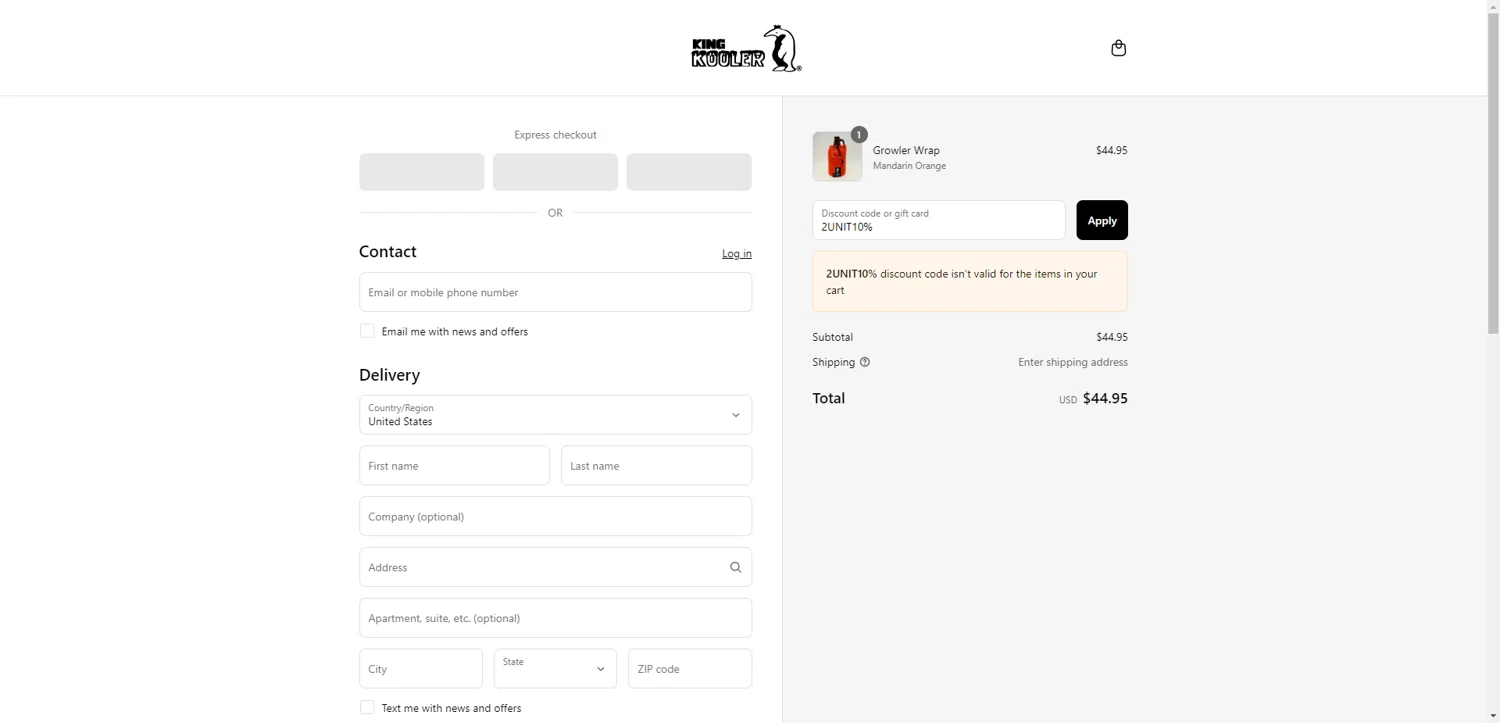 KingKooler promo code screenshot showing code 2UNIT10% applied at KingKooler checkout page. Uploaded by SimplyCodes community member CashSentinel5495 on Jul 3, 2025