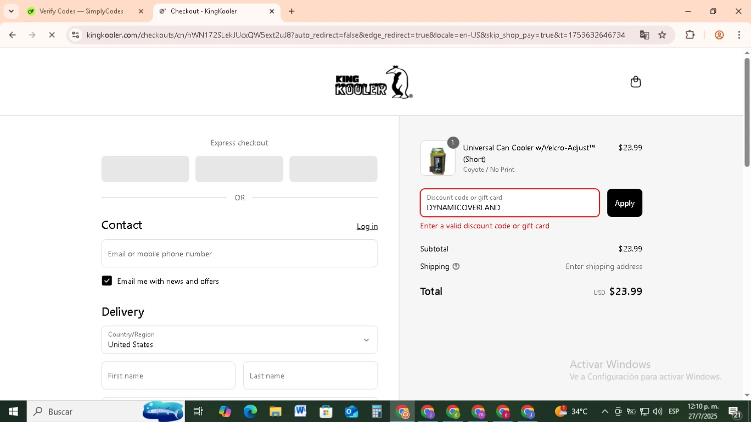 KingKooler promo code screenshot showing code DYNAMICOVERLAND applied at KingKooler checkout page. Uploaded by SimplyCodes community member RebateCollector5909 on Jul 27, 2025