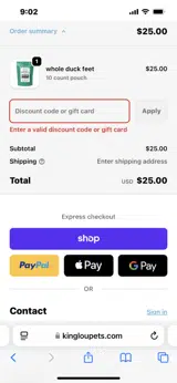 King Lou Pets coupon verification screenshot