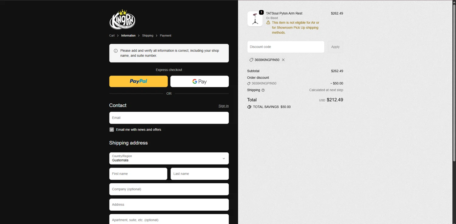 Kingpin Tattoo Supply discount code screenshot showing code 3658KINGPIN50 applied at Kingpin Tattoo Supply checkout page. Uploaded by SimplyCodes community member SavvyAdmiral5612 on Dec 29, 2025