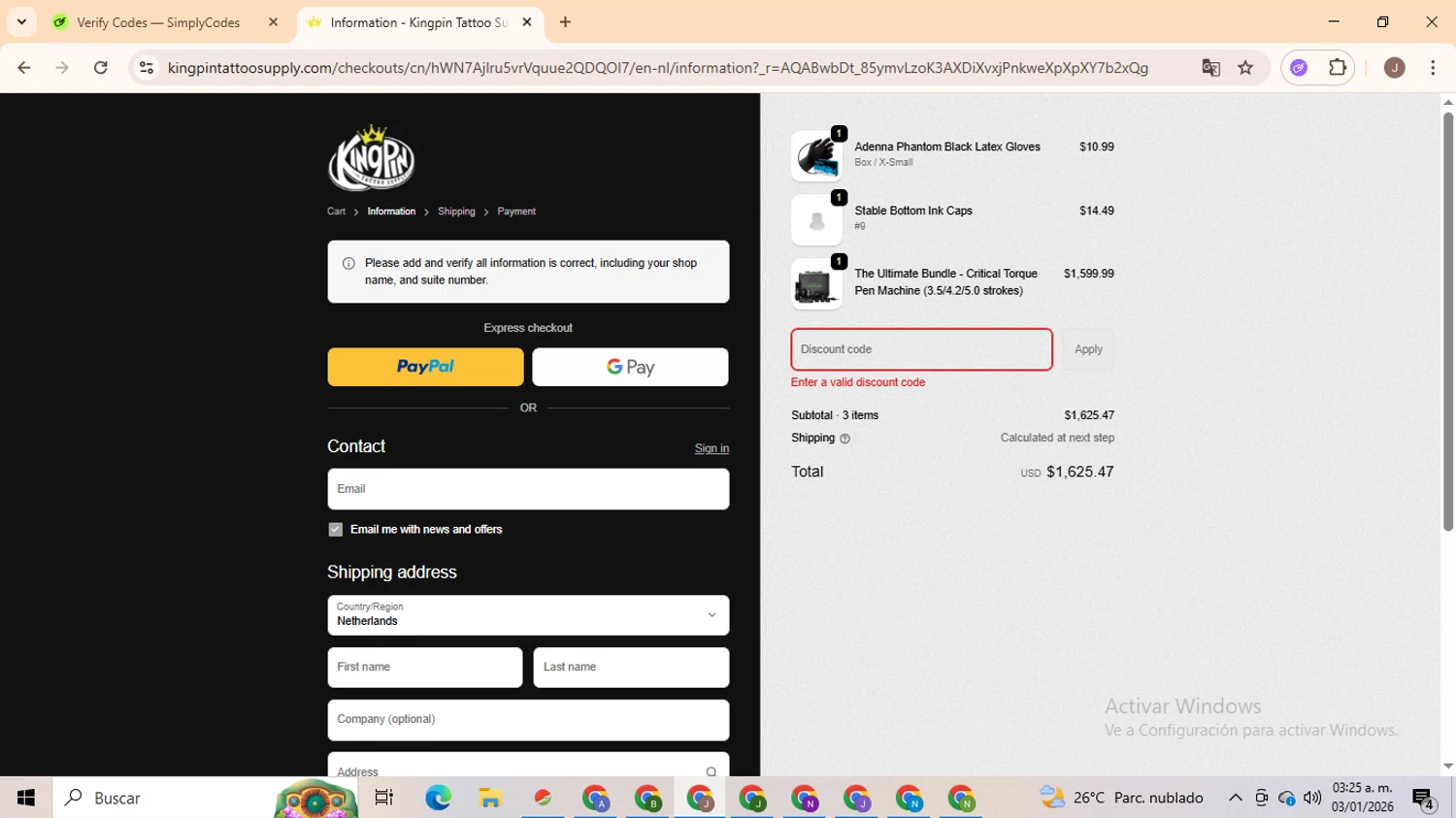 Kingpin Tattoo Supply discount code screenshot showing code TATTOOBUDS15 applied at Kingpin Tattoo Supply checkout page. Uploaded by SimplyCodes community member ValiantHero2365 on Jan 3, 2026