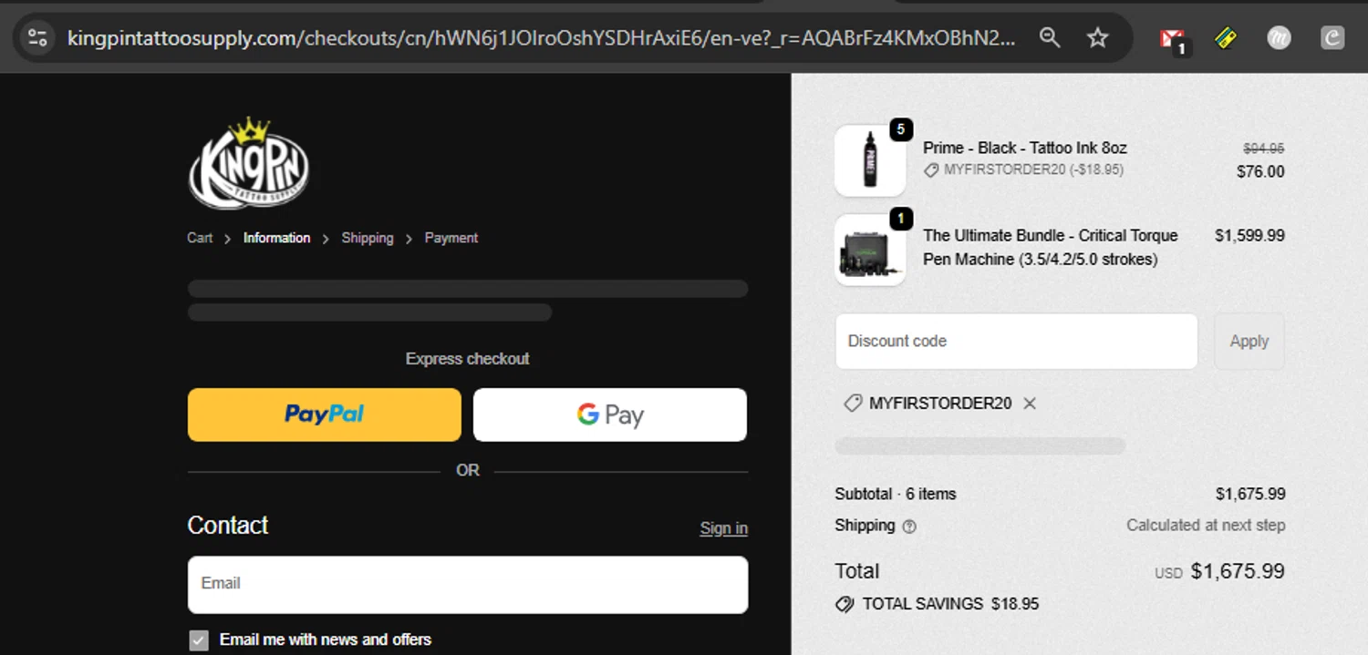 Kingpin Tattoo Supply discount code screenshot showing code MYFIRSTORDER20 applied at Kingpin Tattoo Supply checkout page. Uploaded by SimplyCodes community member couponcheck02 on Dec 22, 2025