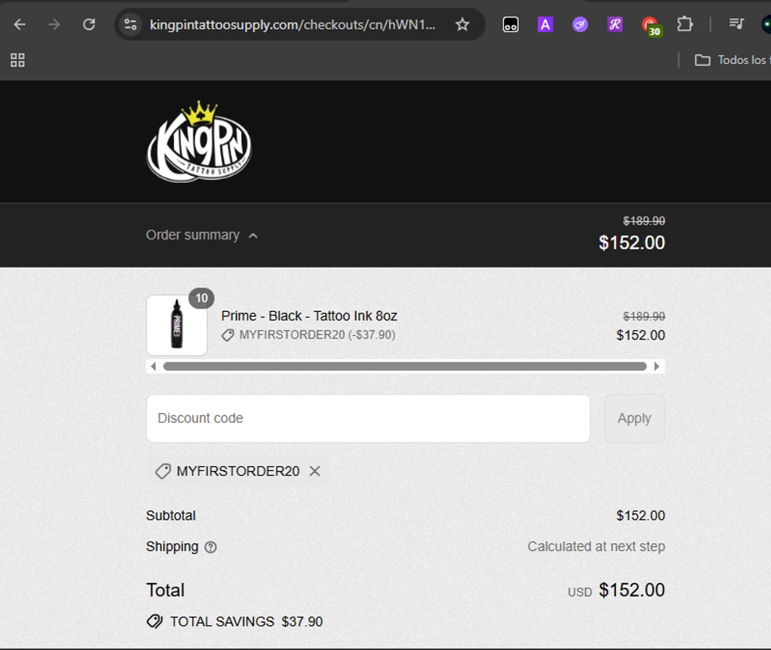 Kingpin Tattoo Supply discount code screenshot showing code MYFIRSTORDER20 applied at Kingpin Tattoo Supply checkout page. Uploaded by SimplyCodes community member Noleimportaanadie on Aug 6, 2025