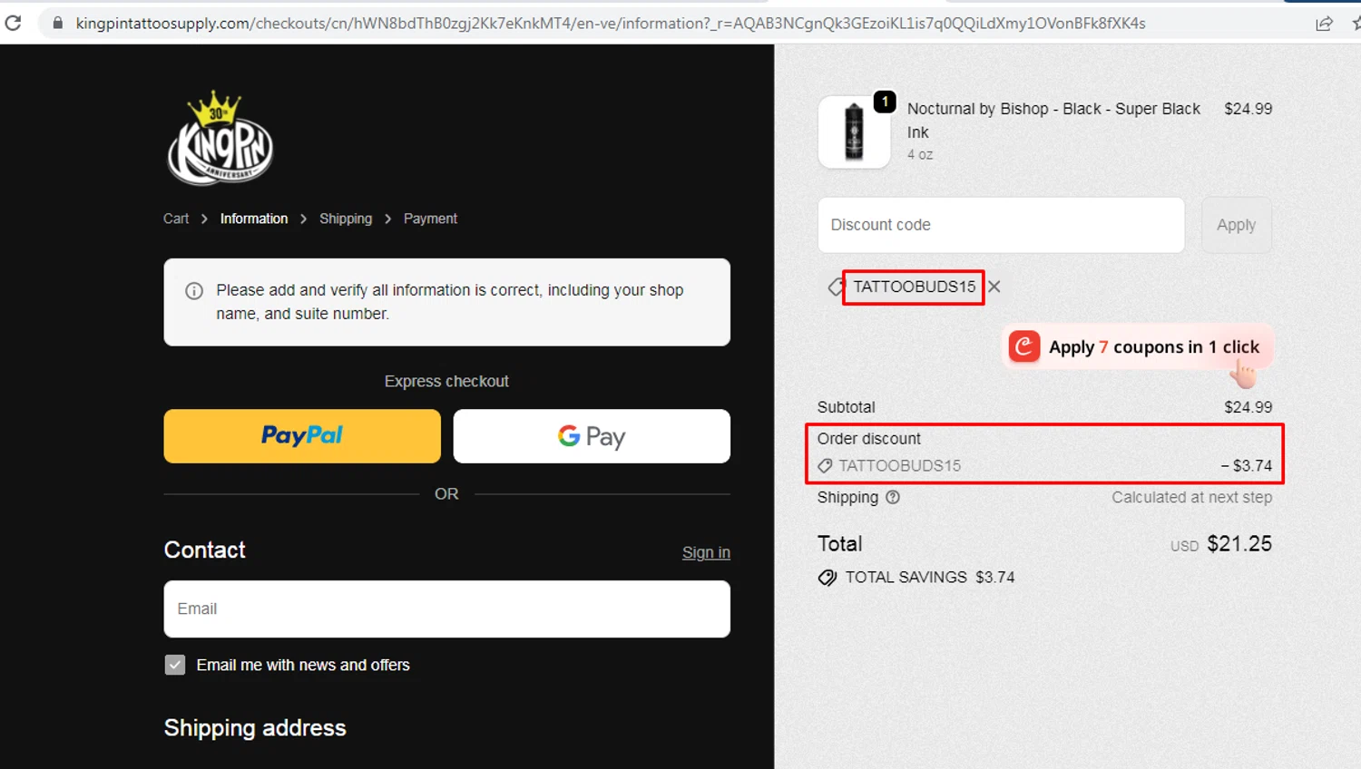 Kingpin Tattoo Supply discount code screenshot showing code TATTOOBUDS15 applied at Kingpin Tattoo Supply checkout page. Uploaded by SimplyCodes community member nileskamarcano on Feb 10, 2026