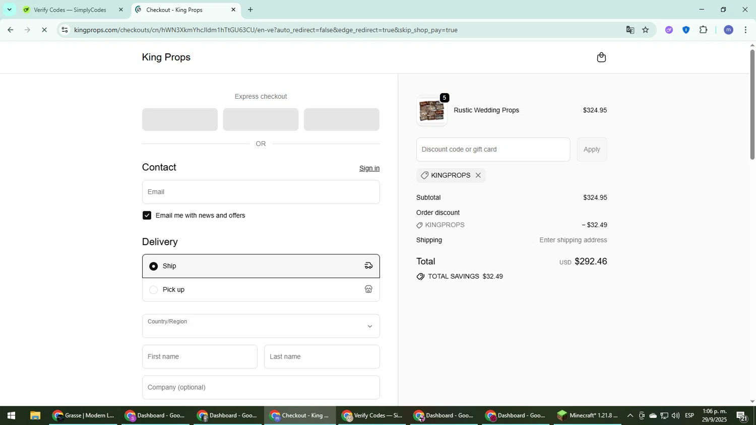 King Props promo code screenshot showing code KINGPROPS applied at King Props checkout page. Uploaded by SimplyCodes community member QuestDefender2661 on Sep 29, 2025