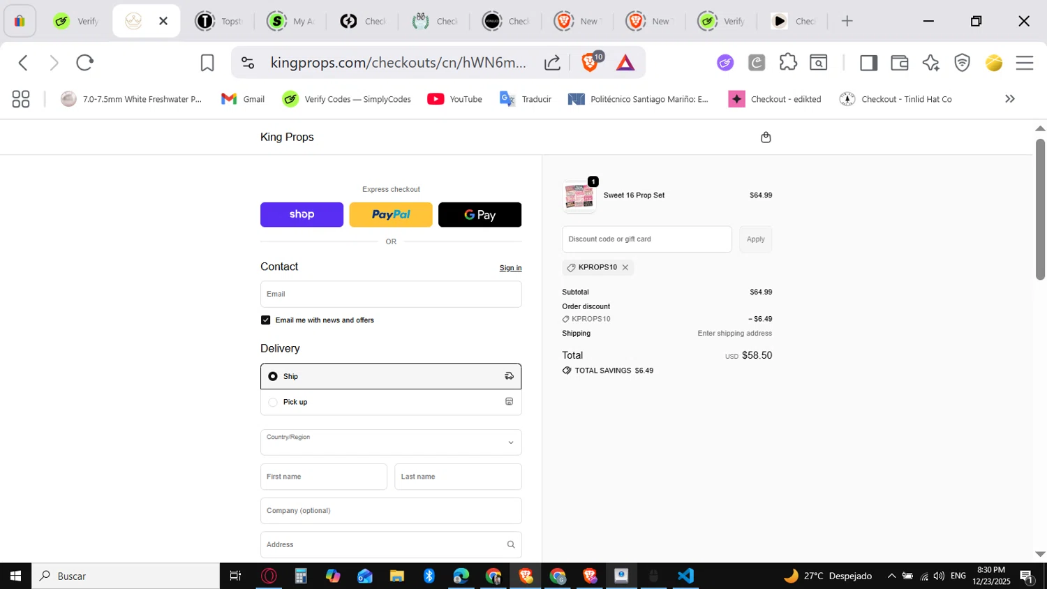 King Props promo code screenshot showing code KPROPS10 applied at King Props checkout page. Uploaded by SimplyCodes community member conorgrey on Dec 24, 2025