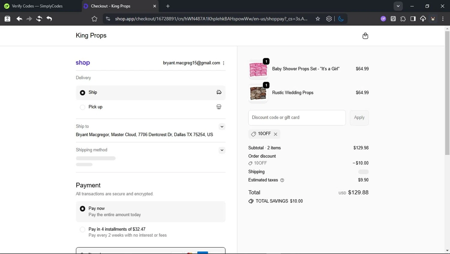 King Props promo code screenshot showing code 10OFF applied at King Props checkout page. Uploaded by SimplyCodes community member BudgetCollector3125 on Oct 15, 2025