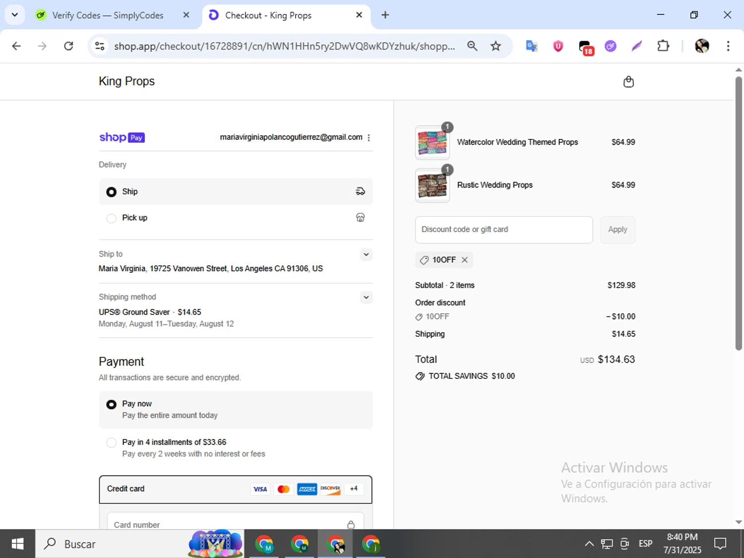 King Props promo code screenshot showing code 10OFF applied at King Props checkout page. Uploaded by SimplyCodes community member mariapolancog on Aug 1, 2025