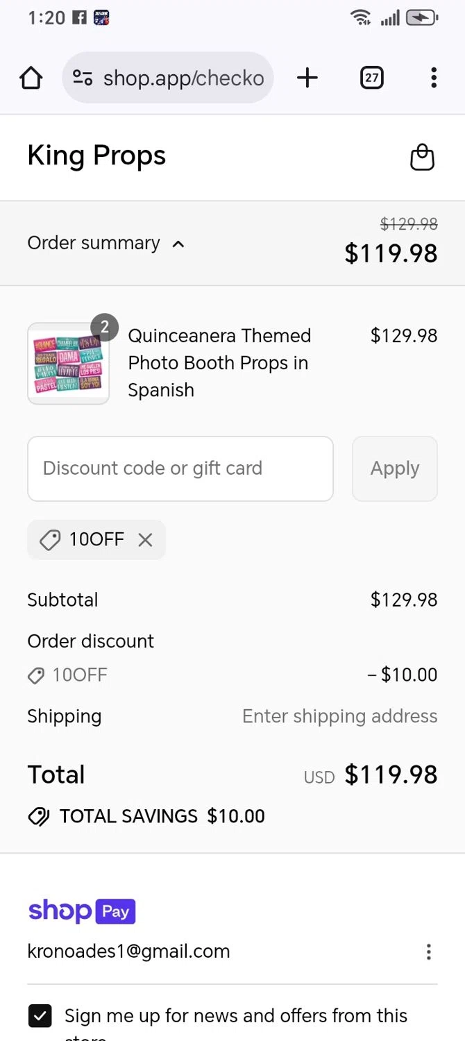 King Props promo code screenshot showing code 10OFF applied at King Props checkout page. Uploaded by SimplyCodes community member franksanchez on Jul 14, 2025