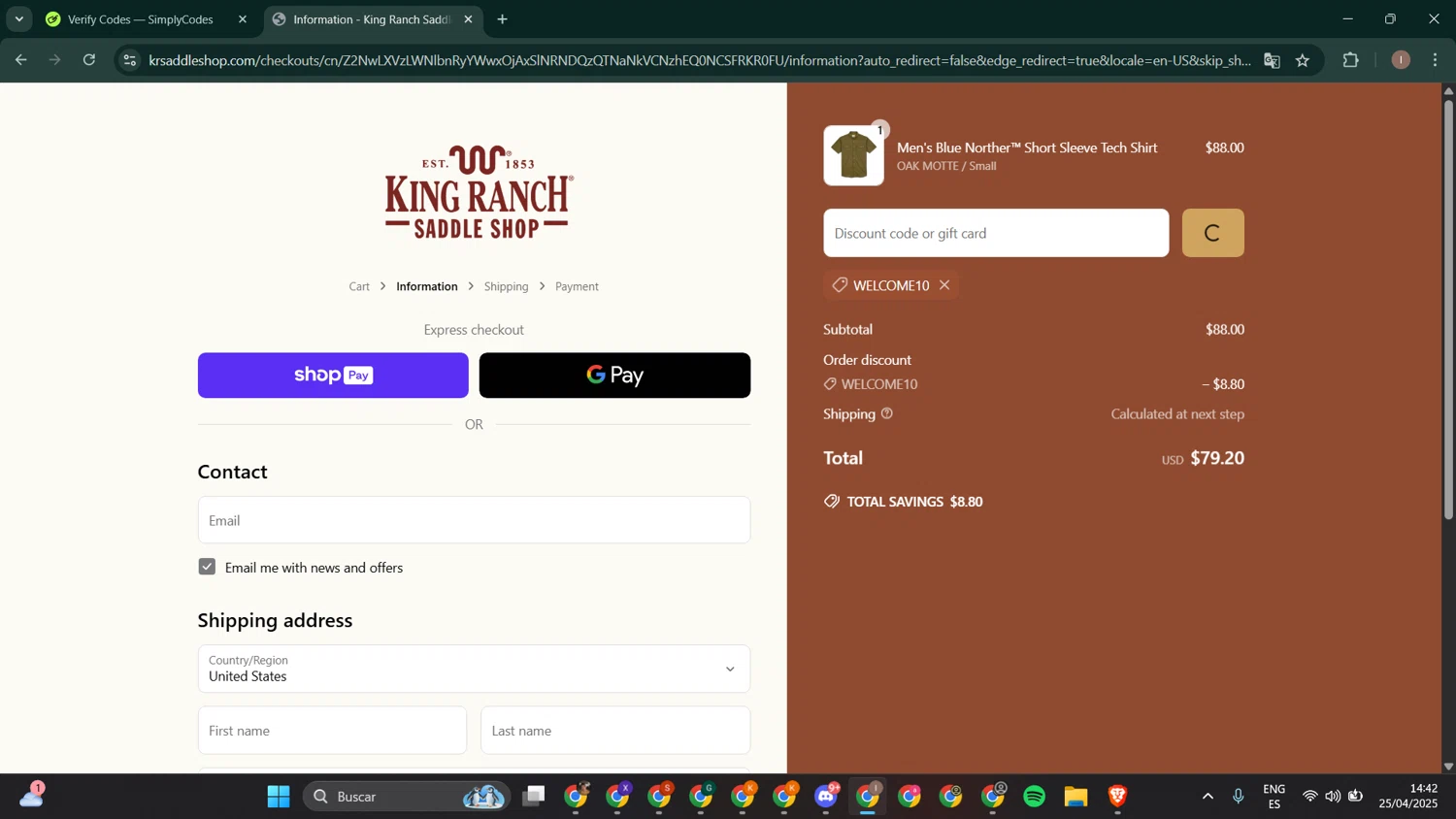 King Ranch Saddle Shop promo code screenshot showing code WELCOME10 applied at King Ranch Saddle Shop checkout page. Uploaded by SimplyCodes community member RoyalPhoenix2730 on Apr 25, 2025