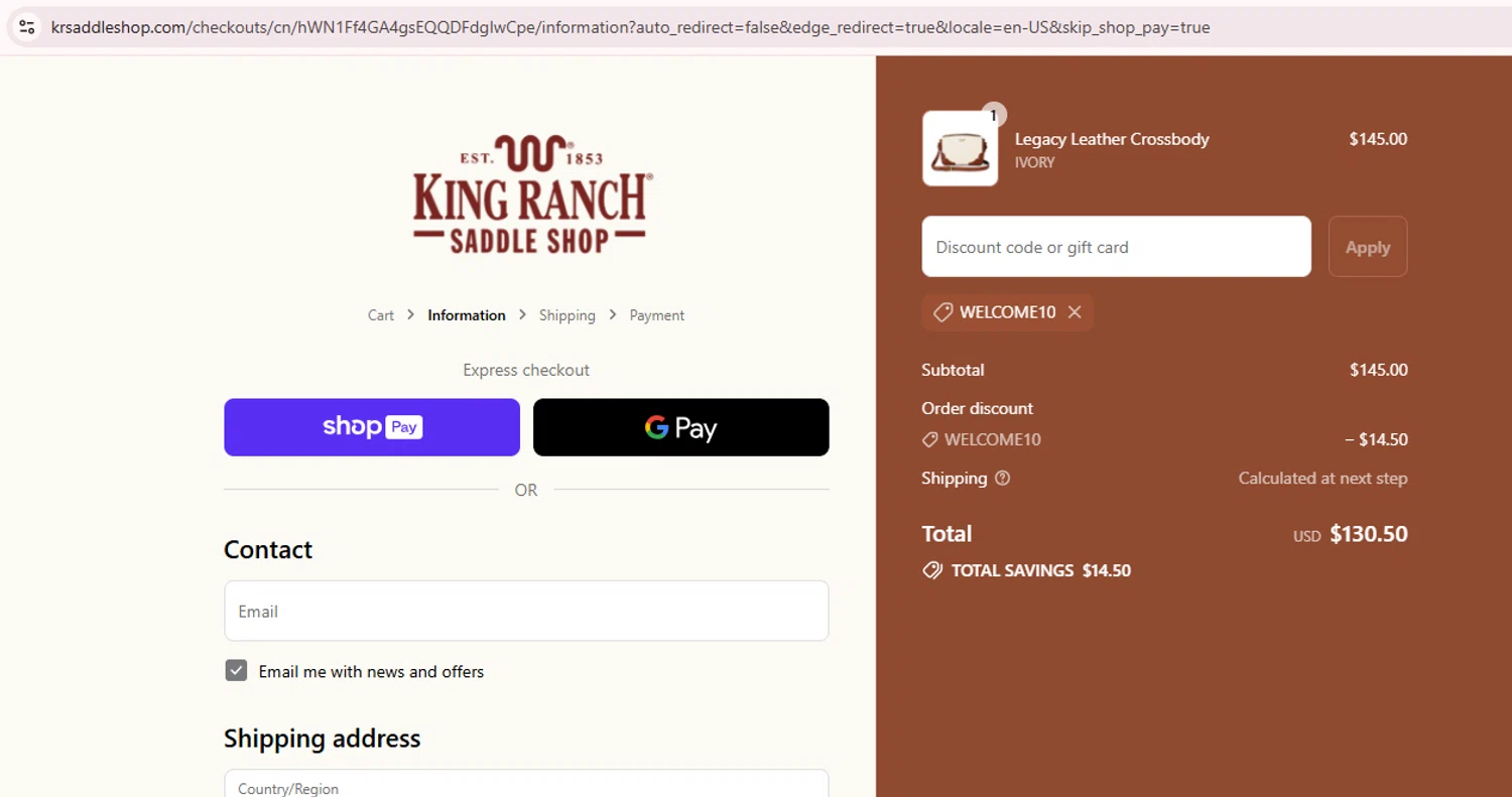 King Ranch Saddle Shop promo code screenshot showing code WELCOME10 applied at King Ranch Saddle Shop checkout page. Uploaded by SimplyCodes community member Teamgorila on Jul 31, 2025