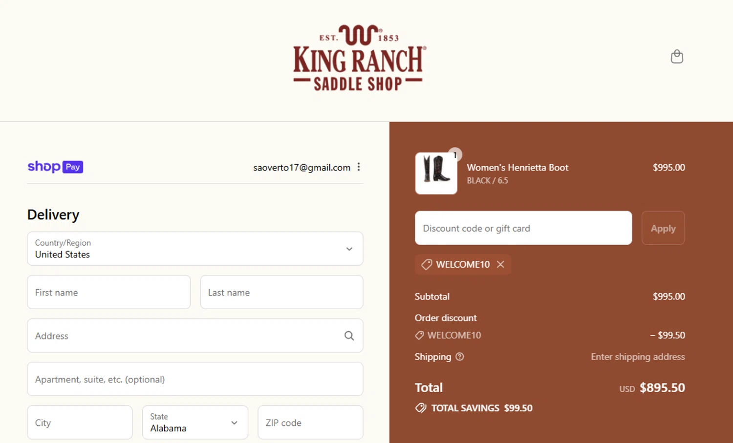 King Ranch Saddle Shop promo code screenshot showing code WELCOME10 applied at King Ranch Saddle Shop checkout page. Uploaded by SimplyCodes community member saindex on Aug 12, 2025