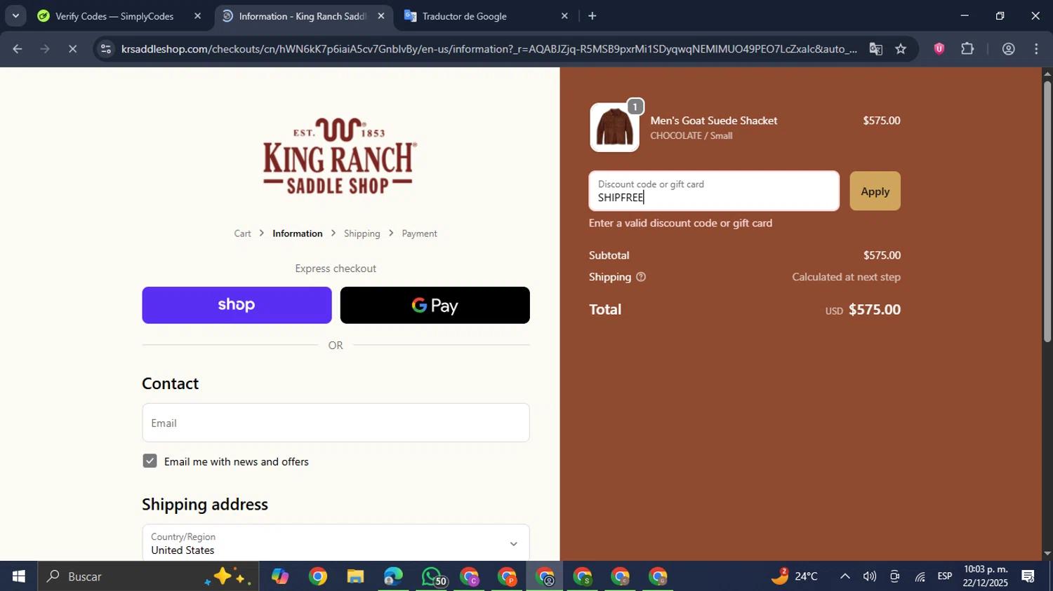 King Ranch Saddle Shop promo code screenshot showing code SHIPFREE applied at King Ranch Saddle Shop checkout page. Uploaded by SimplyCodes community member GloriousDefender7889 on Dec 23, 2025