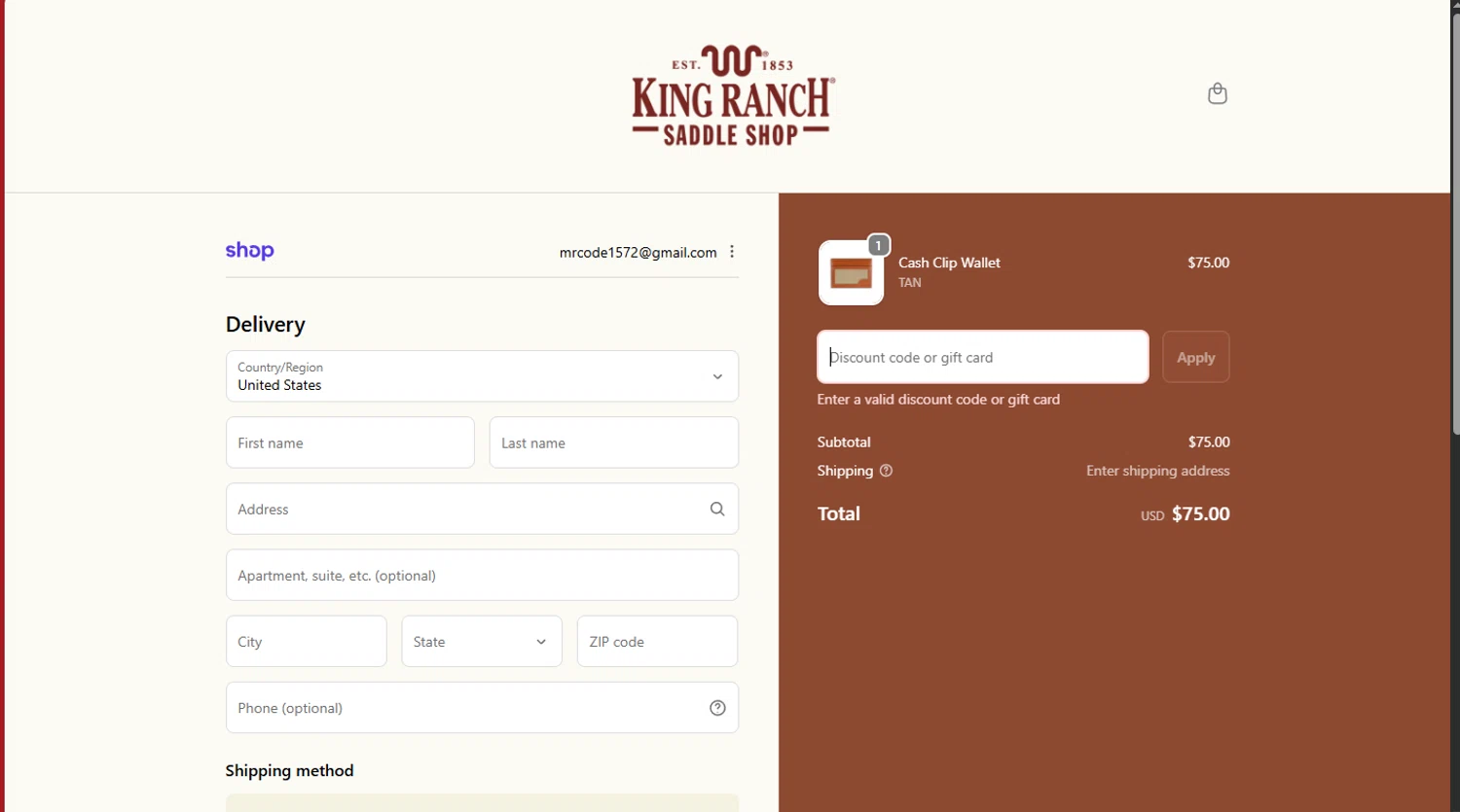 King Ranch Saddle Shop promo code screenshot showing code SHIPFREE applied at King Ranch Saddle Shop checkout page. Uploaded by SimplyCodes community member tokiio on Dec 23, 2025