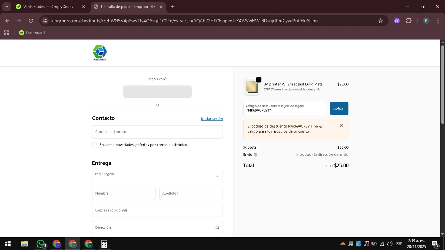 Kingroon 3D promo code screenshot showing code N4K69ACP6S1Y applied at Kingroon 3D checkout page. Uploaded by SimplyCodes community member DealHawk3765 on Nov 20, 2025