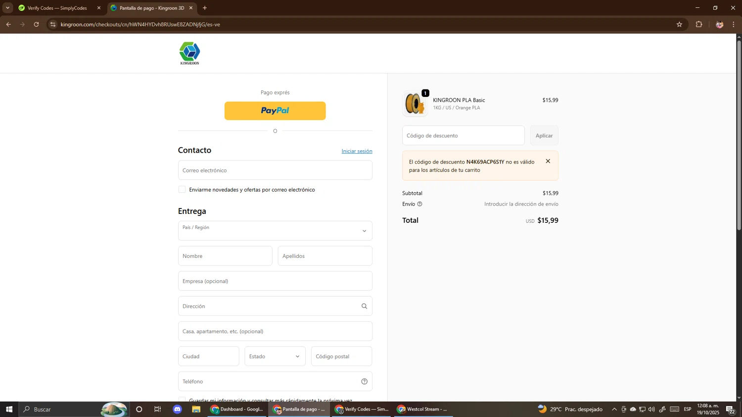 Kingroon 3D promo code screenshot showing code N4K69ACP6S1Y applied at Kingroon 3D checkout page. Uploaded by SimplyCodes community member El_mynor on Oct 19, 2025