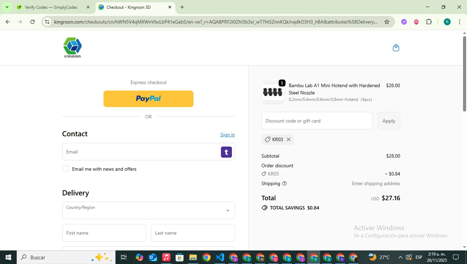 Kingroon 3D promo code screenshot showing code KR03 applied at Kingroon 3D checkout page. Uploaded by SimplyCodes community member SavingsLegend387 on Nov 20, 2025