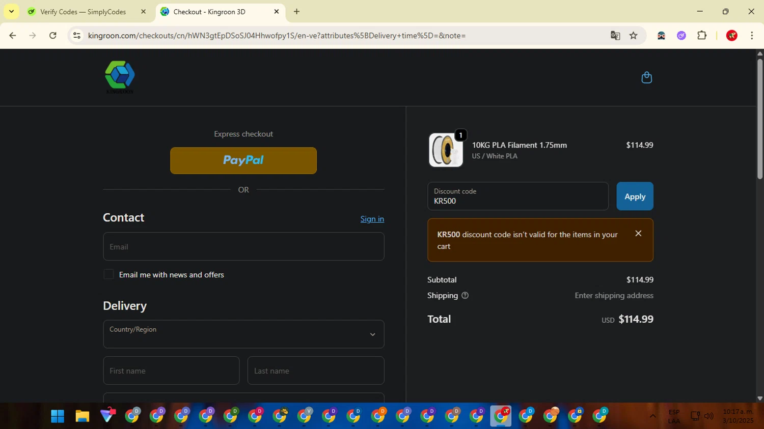 Kingroon 3D promo code screenshot showing code KR500 applied at Kingroon 3D checkout page. Uploaded by SimplyCodes community member ShrewdCaptain2457 on Oct 3, 2025