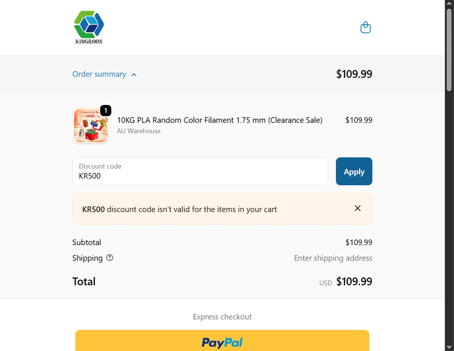 Kingroon 3D promo code screenshot showing code KR500 applied at Kingroon 3D checkout page. Uploaded by SimplyCodes community member ValiantLion5897 on Oct 19, 2025