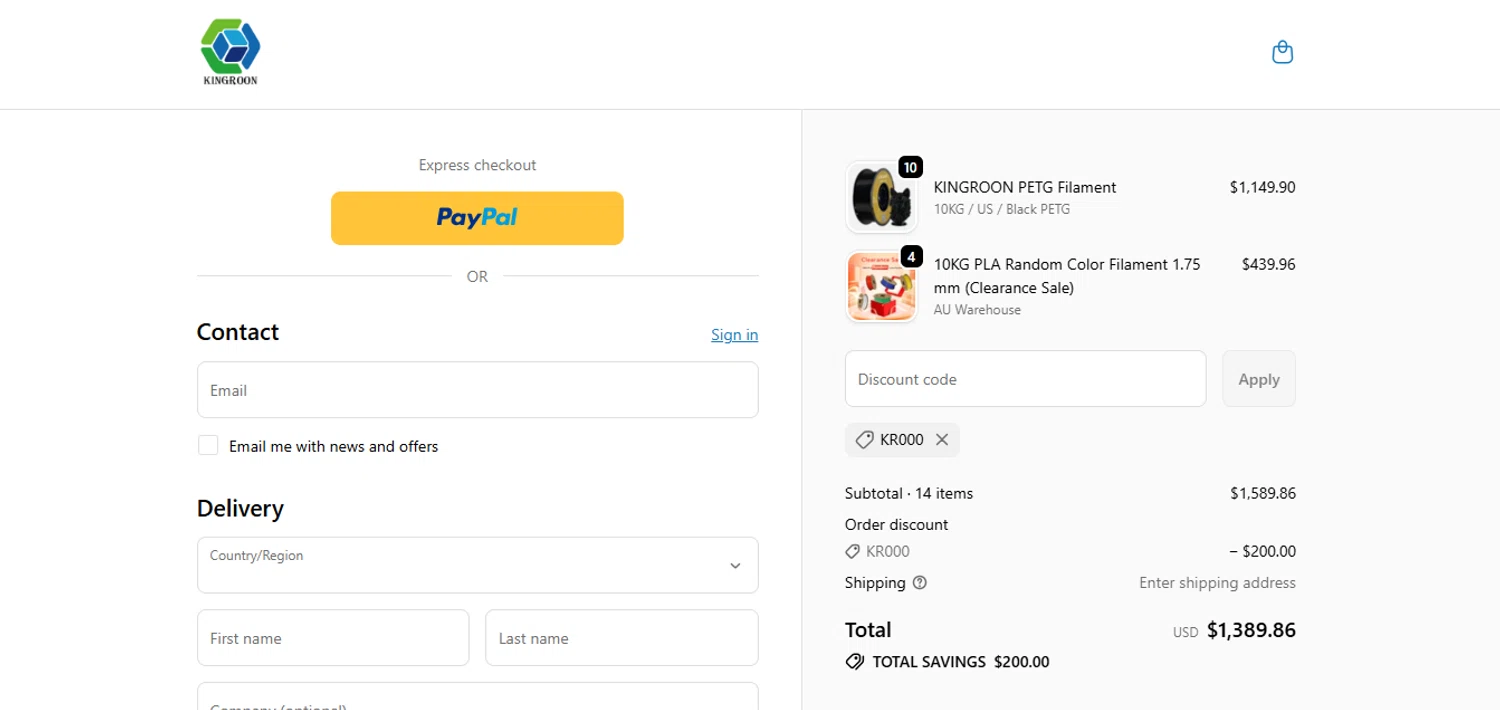 Kingroon 3D promo code screenshot showing code KR000 applied at Kingroon 3D checkout page. Uploaded by SimplyCodes community member juanisaac on Oct 1, 2025