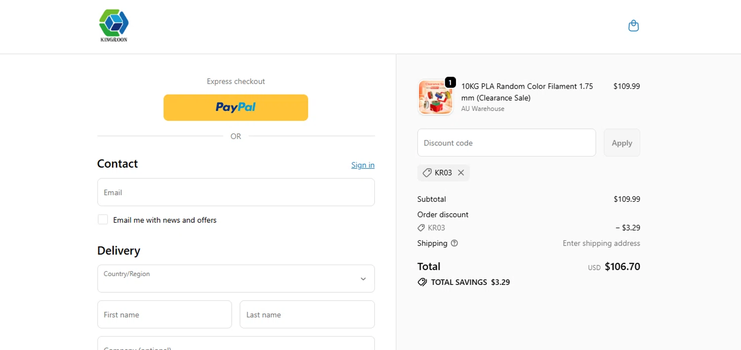 Kingroon 3D promo code screenshot showing code KR03 applied at Kingroon 3D checkout page. Uploaded by SimplyCodes community member juanisaac on Oct 1, 2025