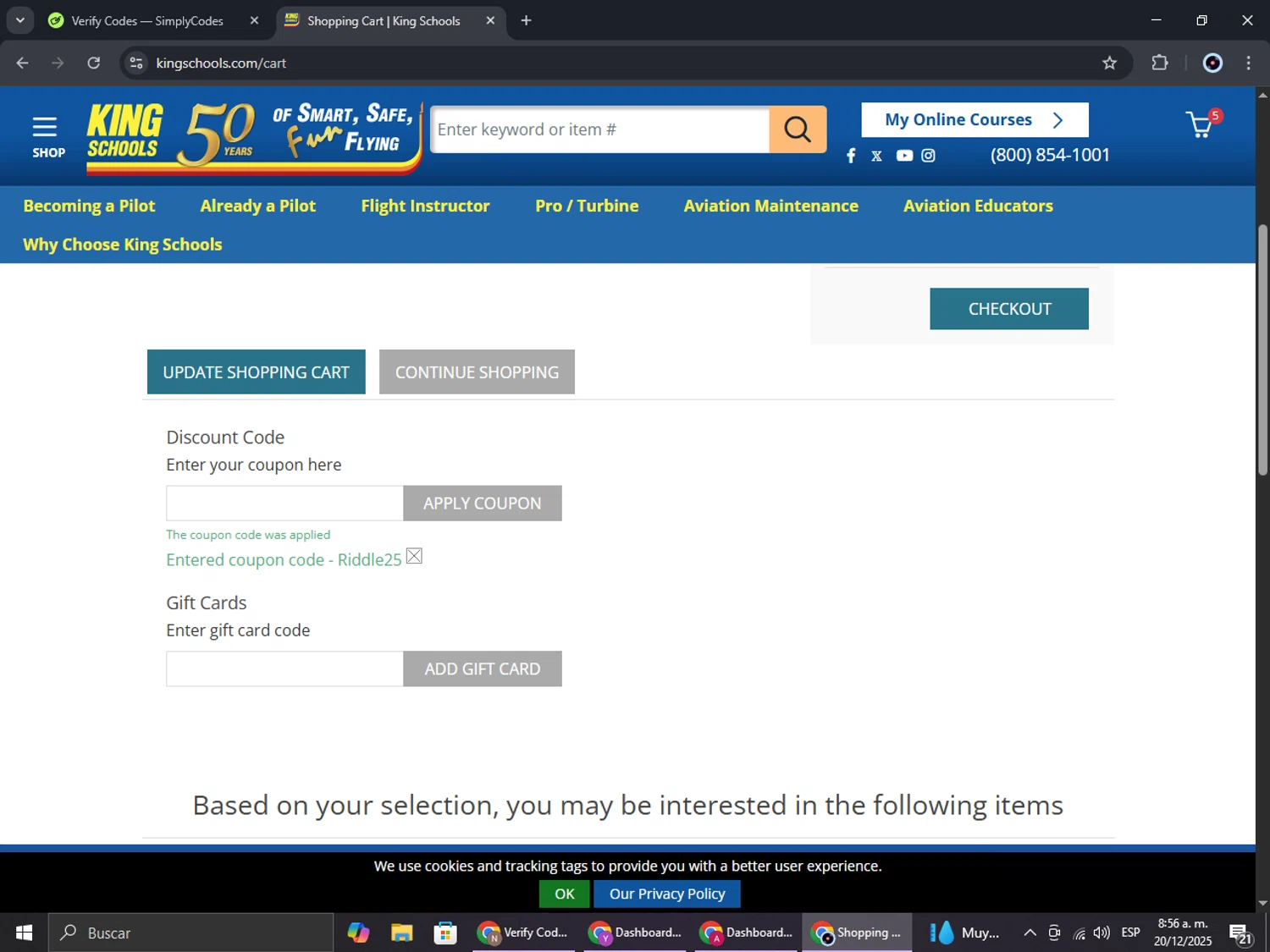 King Schools discount code screenshot showing code RIDDLE25 applied at King Schools checkout page. Uploaded by SimplyCodes community member RoyalBoss4384 on Dec 20, 2025