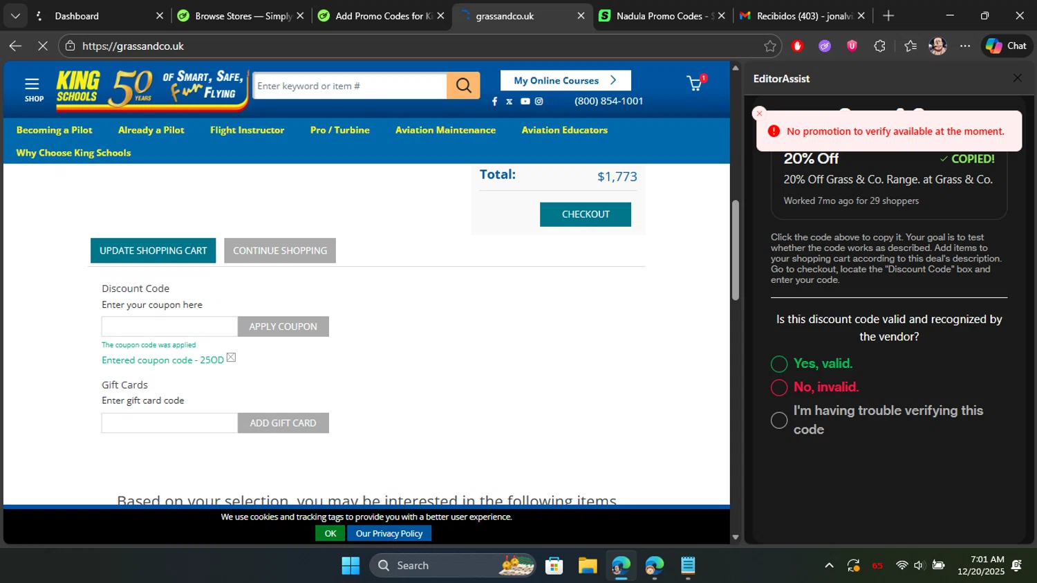 King Schools discount code screenshot showing code 25od applied at King Schools checkout page. Uploaded by SimplyCodes community member Blackleg_Sanji on Dec 20, 2025