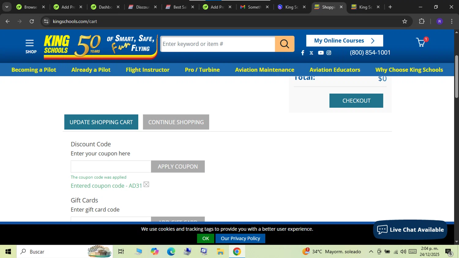 King Schools discount code screenshot showing code AD31 applied at King Schools checkout page. Uploaded by SimplyCodes community member RAFV1111 on Dec 24, 2025