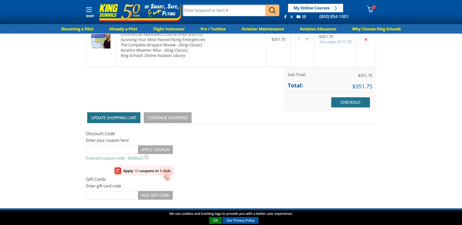 King Schools discount code screenshot showing code RIDDLE25 applied at King Schools checkout page. Uploaded by SimplyCodes community member pabloprieto on Dec 20, 2025