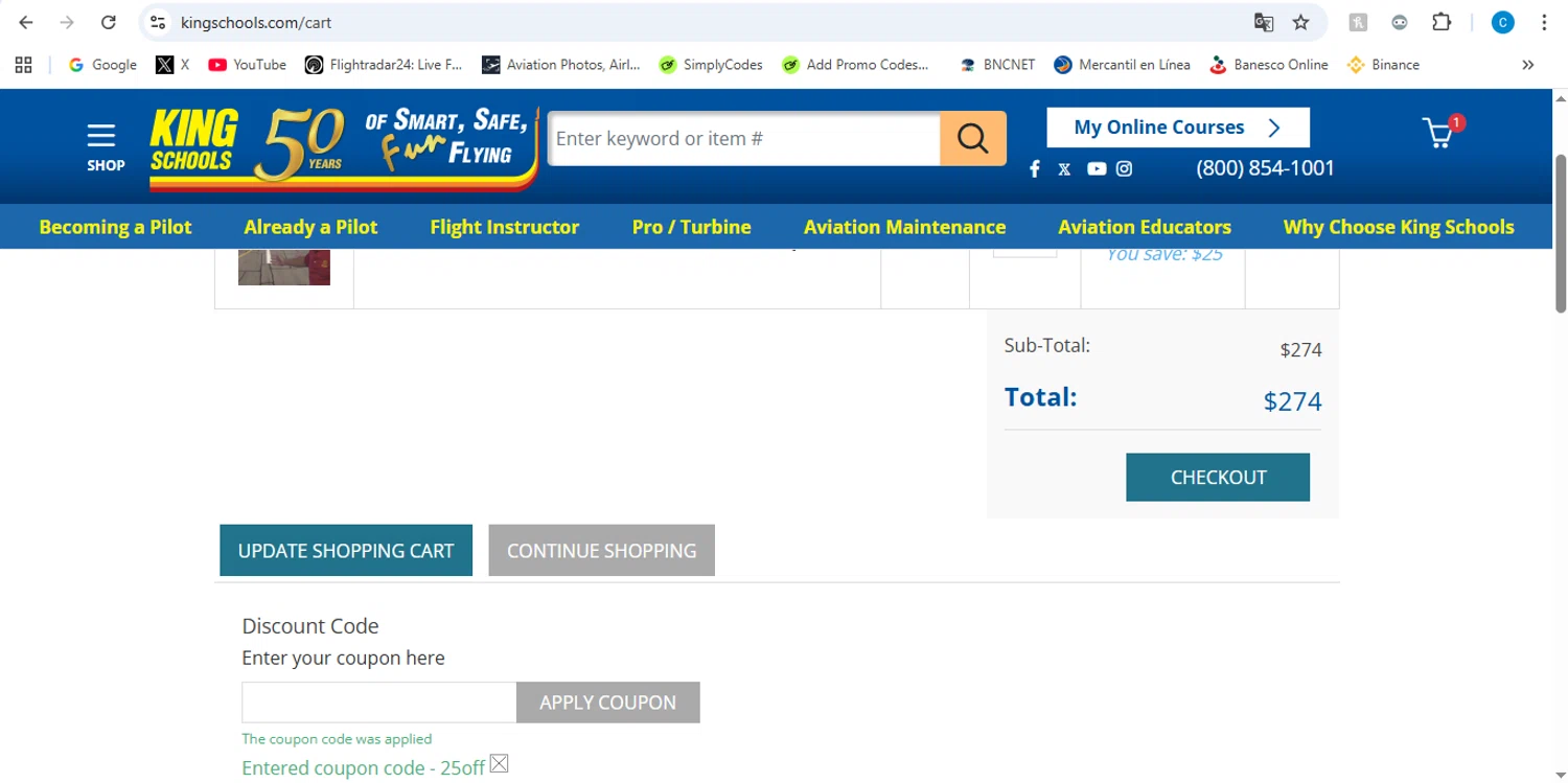 King Schools discount code screenshot showing code 25off applied at King Schools checkout page. Uploaded by SimplyCodes community member victor on Dec 24, 2025