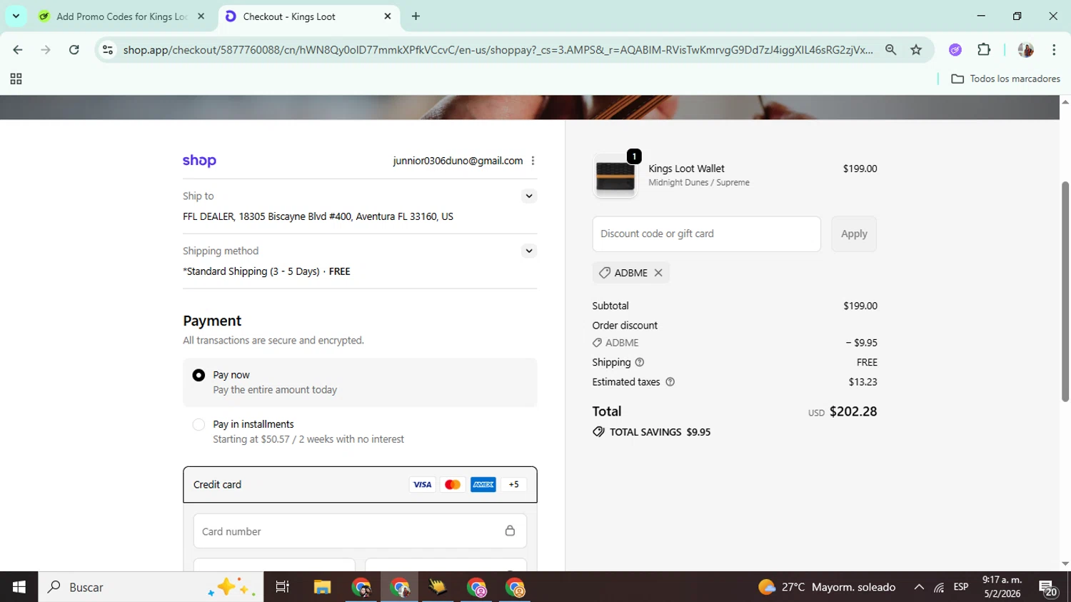 Kings Loot discount code screenshot showing code ADBME applied at Kings Loot checkout page. Uploaded by SimplyCodes community member Mujerdejunnior on Feb 5, 2026