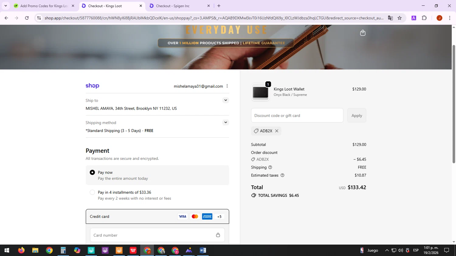 Kings Loot discount code screenshot showing code ADB2X applied at Kings Loot checkout page. Uploaded by SimplyCodes community member TreasureTracker4321 on Feb 19, 2026