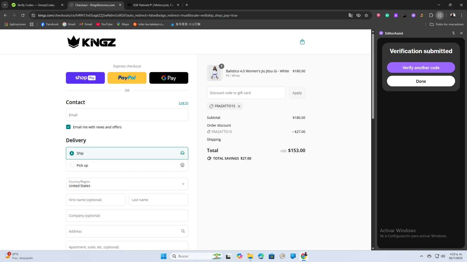 Kingz discount code screenshot showing code FRAZATTO15 applied at Kingz checkout page. Uploaded by SimplyCodes community member SaleScout3344 on Jul 26, 2025