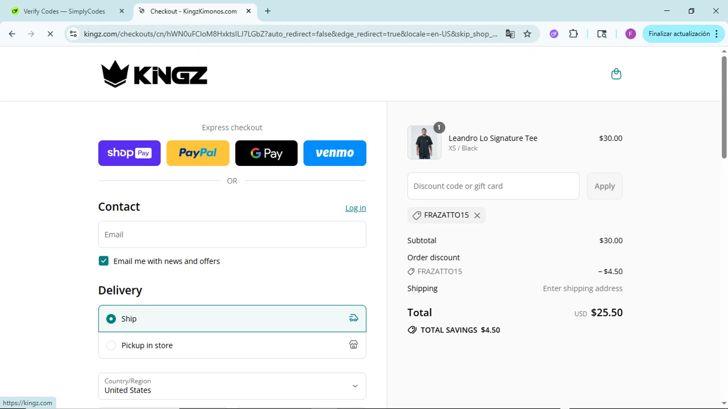 Kingz discount code screenshot showing code FRAZATTO15 applied at Kingz checkout page. Uploaded by SimplyCodes community member ShieldTitan6985 on Jul 22, 2025