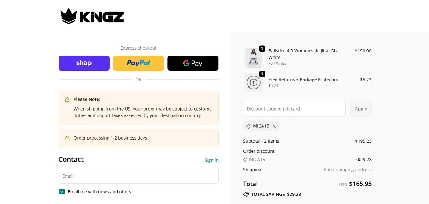 Kingz discount code screenshot showing code mica15 applied at Kingz checkout page. Uploaded by SimplyCodes community member CashAce9852 on Sep 27, 2025