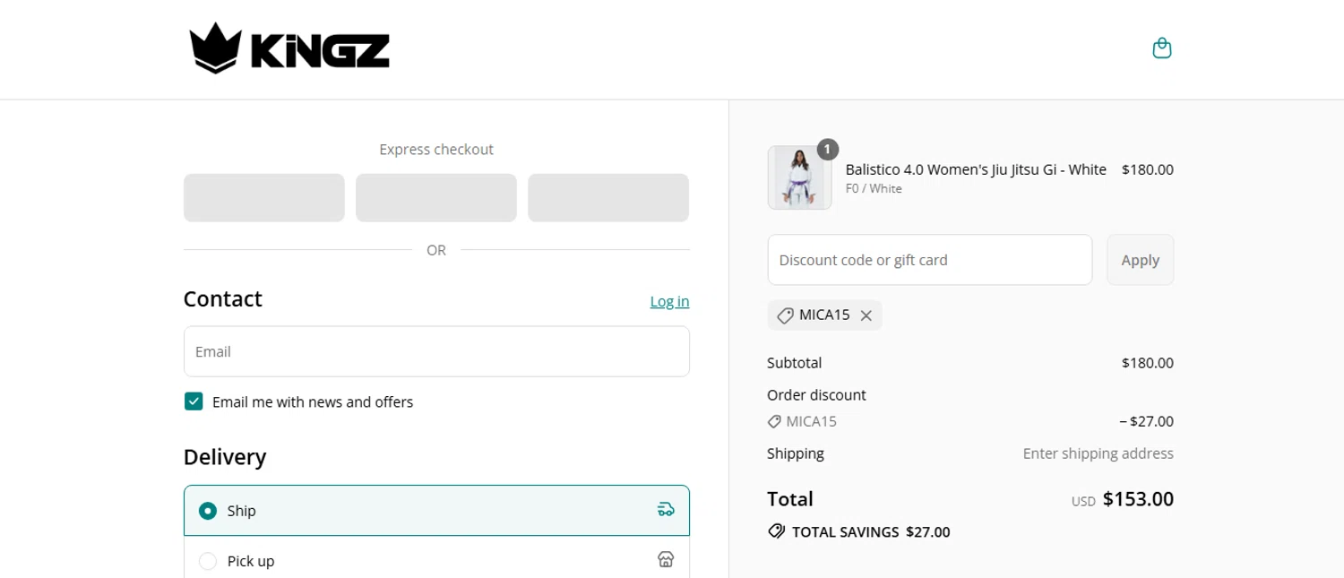 Kingz discount code screenshot showing code mica15 applied at Kingz checkout page. Uploaded by SimplyCodes community member shark12 on Aug 17, 2025