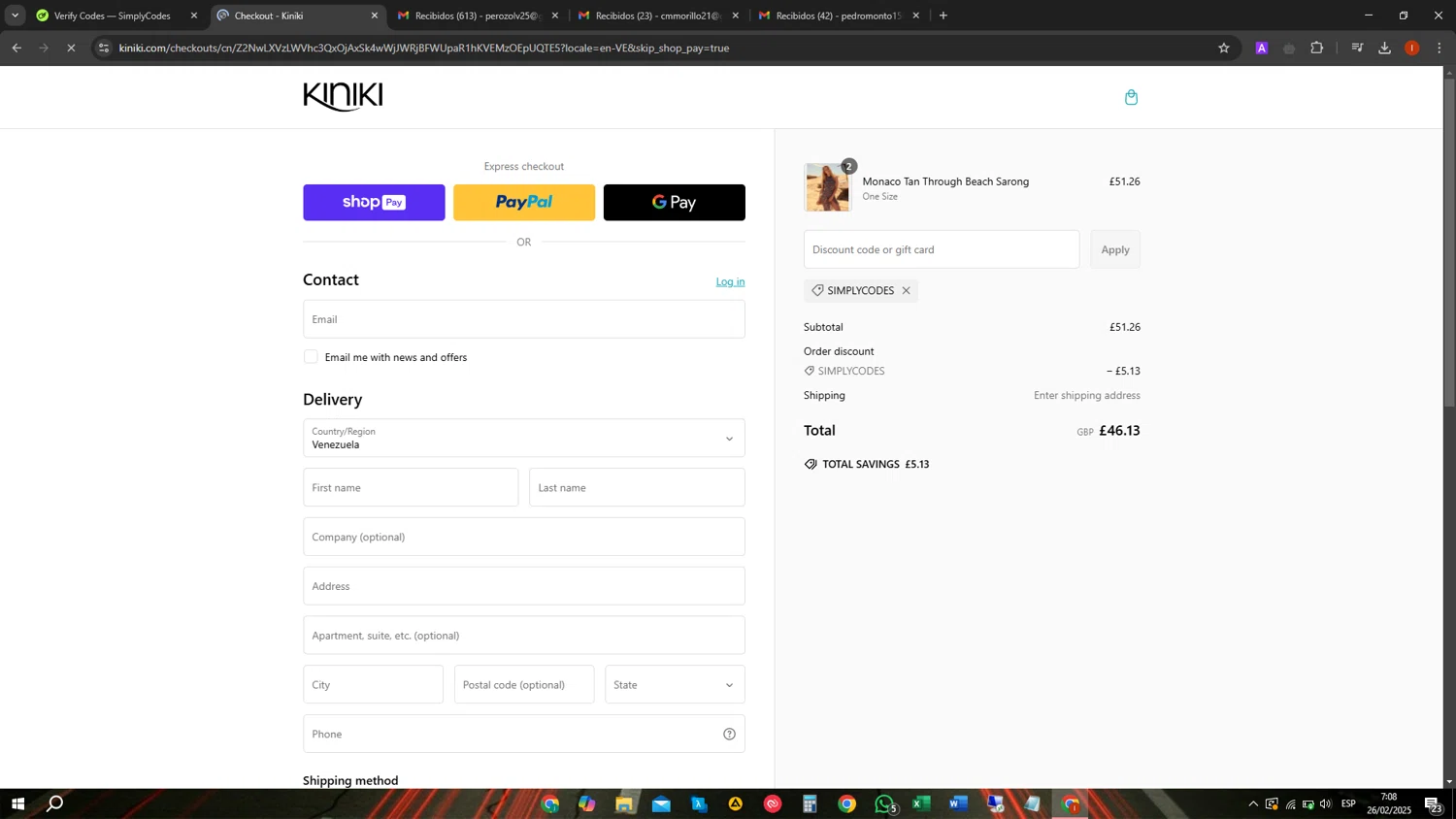Kiniki promo code screenshot showing code SIMPLYCODES applied at Kiniki checkout page. Uploaded by SimplyCodes community member CORINITAI on Feb 26, 2025
