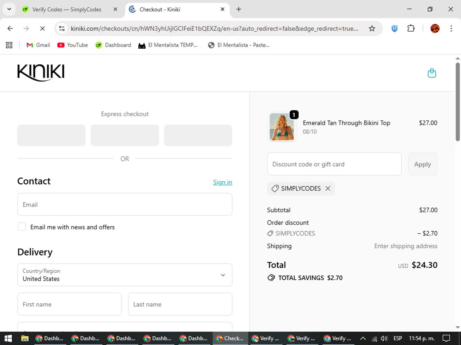 Kiniki promo code screenshot showing code SIMPLYCODES applied at Kiniki checkout page. Uploaded by SimplyCodes community member Rodolfo on Oct 11, 2025