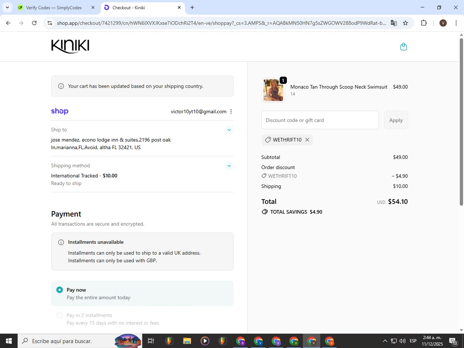 Kiniki promo code screenshot showing code WETHRIFT10 applied at Kiniki checkout page. Uploaded by SimplyCodes community member CashLion3448 on Dec 11, 2025