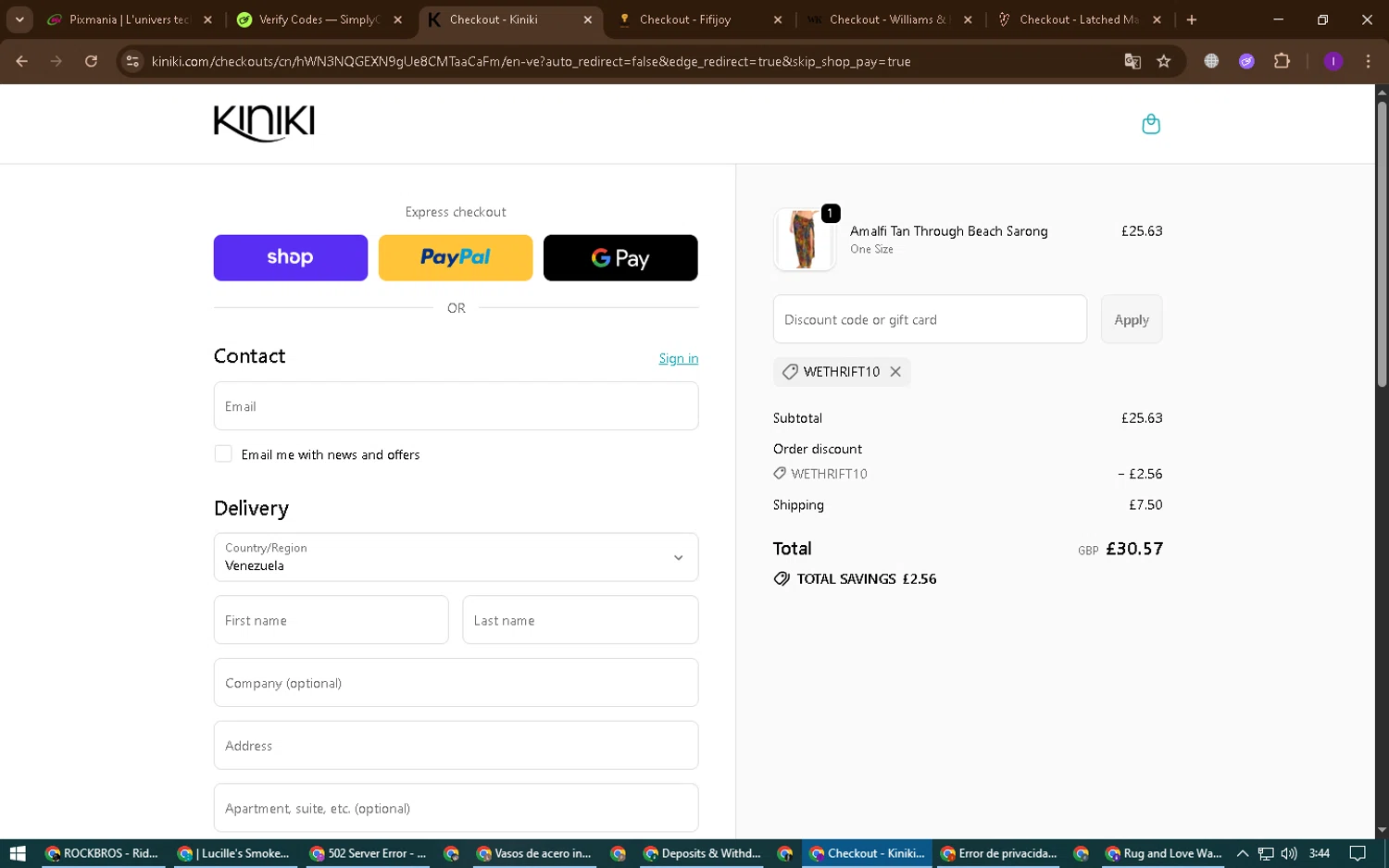 Kiniki promo code screenshot showing code WETHRIFT10 applied at Kiniki checkout page. Uploaded by SimplyCodes community member ChinoYugi on Sep 25, 2025