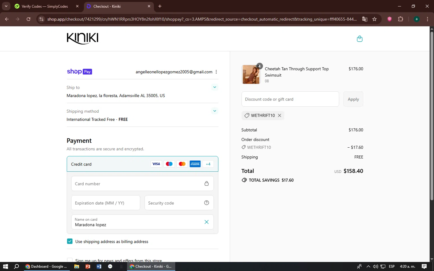 Kiniki promo code screenshot showing code WETHRIFT10 applied at Kiniki checkout page. Uploaded by SimplyCodes community member zizu55 on Aug 5, 2025