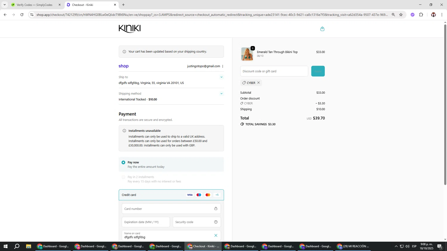 Kiniki promo code screenshot showing code CYBER applied at Kiniki checkout page. Uploaded by SimplyCodes community member Salometta on Oct 19, 2025