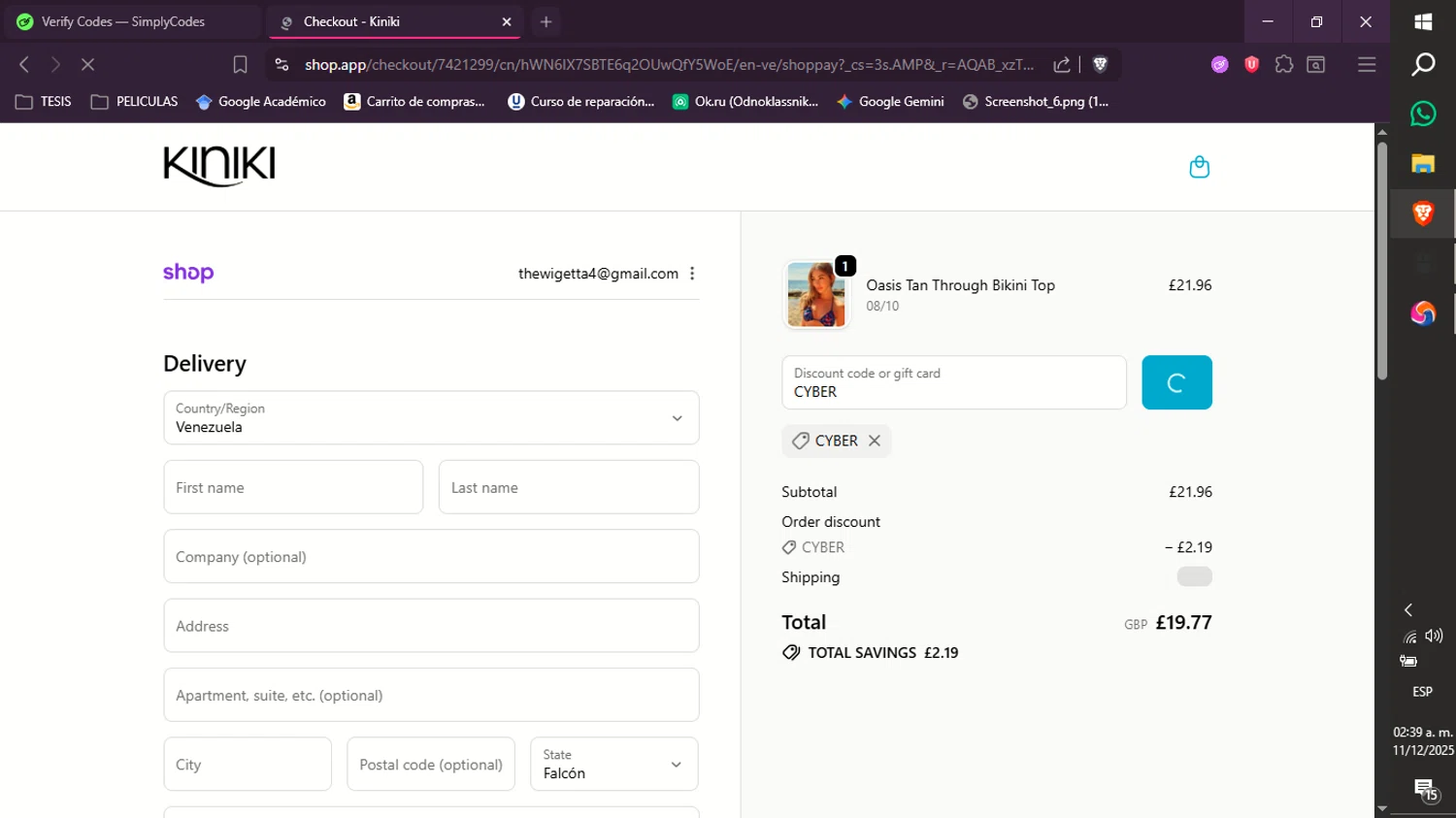 Kiniki promo code screenshot showing code CYBER applied at Kiniki checkout page. Uploaded by SimplyCodes community member xXdevoragoticas69Xx on Dec 11, 2025