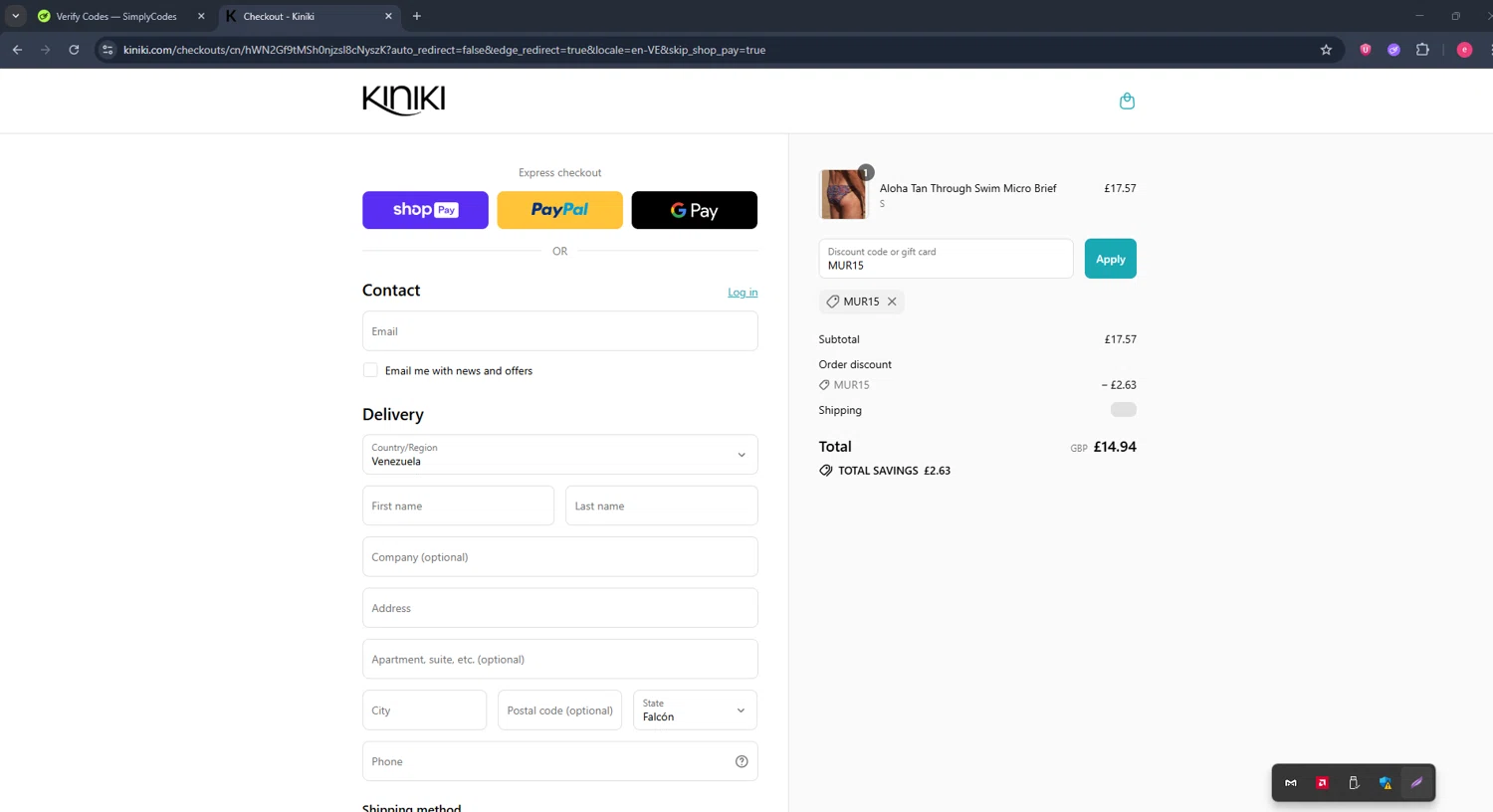 Kiniki promo code screenshot showing code MUR15 applied at Kiniki checkout page. Uploaded by SimplyCodes community member TreasureWarden457 on Aug 27, 2025