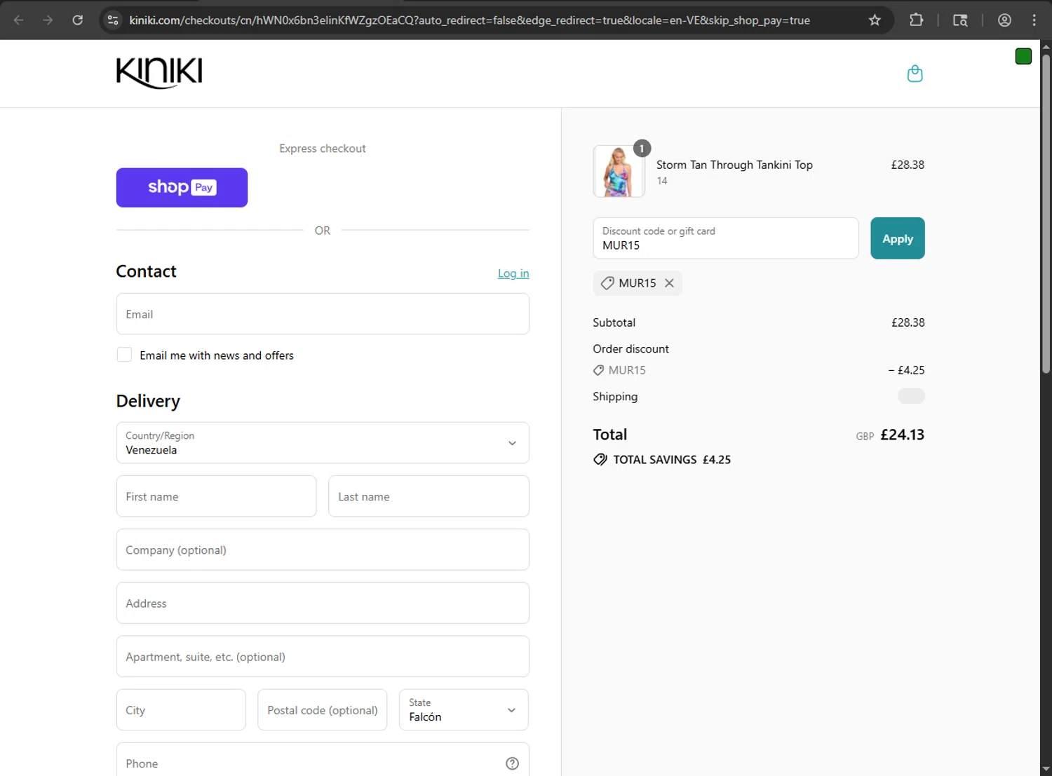 Kiniki promo code screenshot showing code MUR15 applied at Kiniki checkout page. Uploaded by SimplyCodes community member MRDEAL on Jul 23, 2025